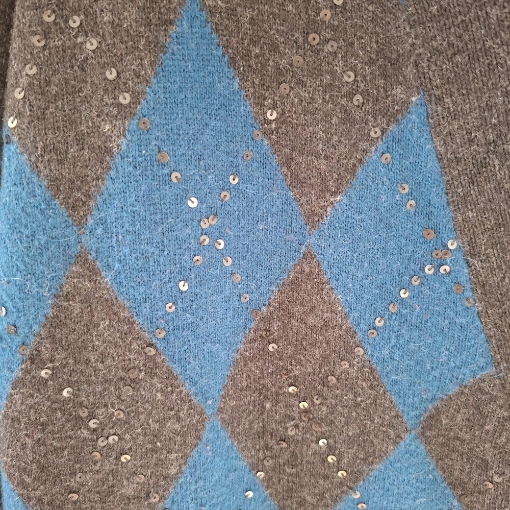 Dex Women's Gray & Teal Argyle Cotton/Viscose Longline Cardigan (Size 1X) - Picture 3 of 9